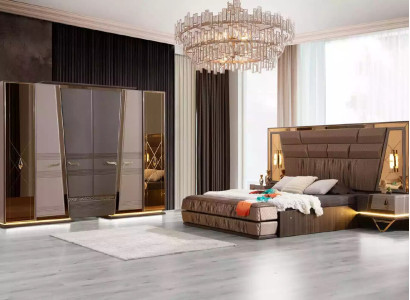 Double bed Modern Bedroom Suite Luxury Gold Bed Set 4pcs Beige